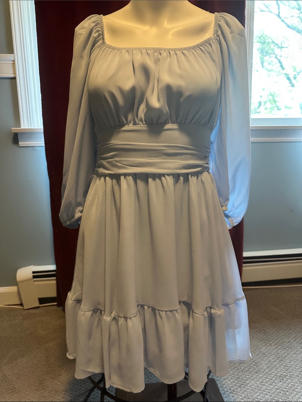 Light Blue Long Sleeve Tiered Midi Dress